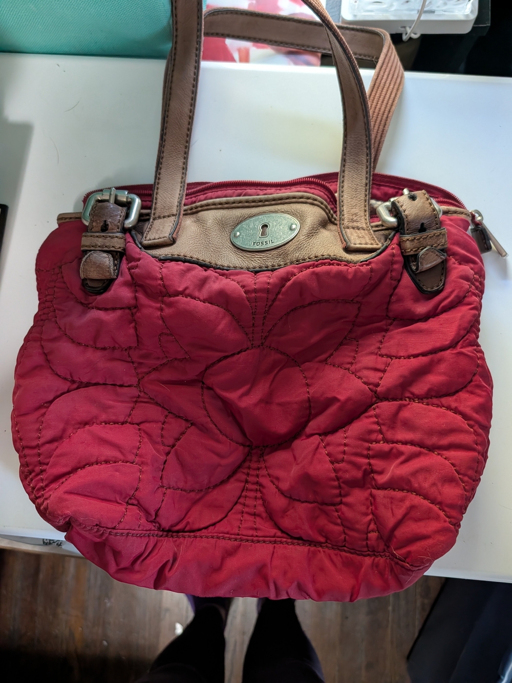 Fossil Quilted Crimson Tote with Tan Trim